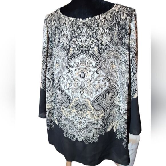 Rose And Olive Tunic Flowy Crepe Black And White Floral Paisle Flowy Sz 1X - Picture 2 of 12
